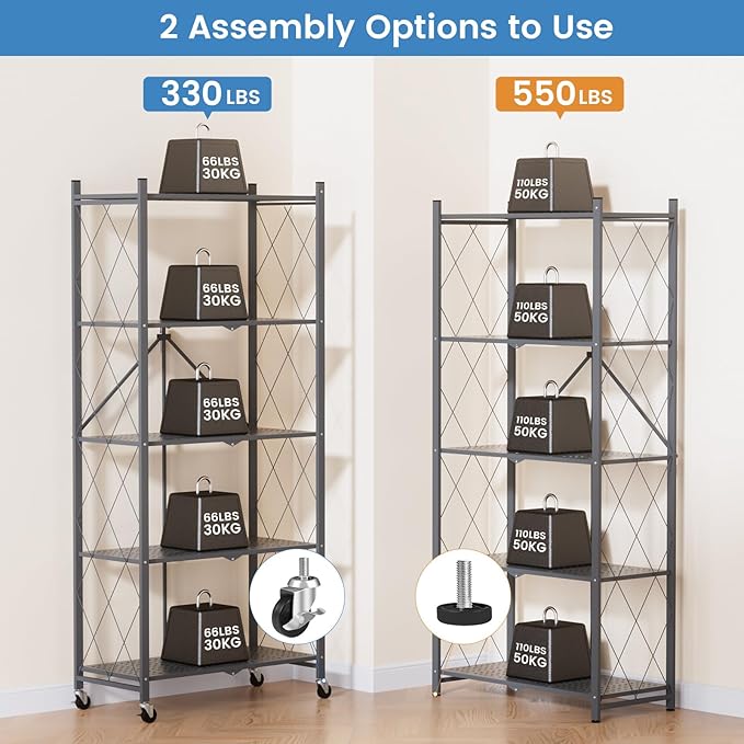 ALANNG 70.7" H Metal Storage Shelves, 5 Tier Folding Storage Shelves on Wheels, Heavy Duty Collapsible Shelving Unit, No Assembly Storage Rack for Kitchen, Basement, Pantry (Grey,1 Pack)