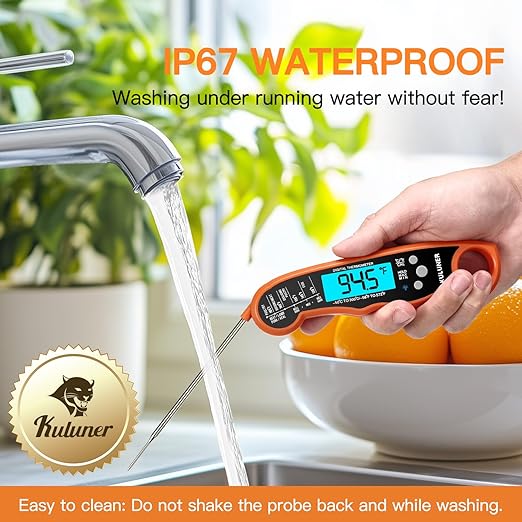 TP-01 Waterproof Digital Instant Read Meat Thermometer with 4.6 Folding Probe Backlight Calibration Function for Cooking Food Candy, BBQ Grill, Liquids,Beef(Orange)