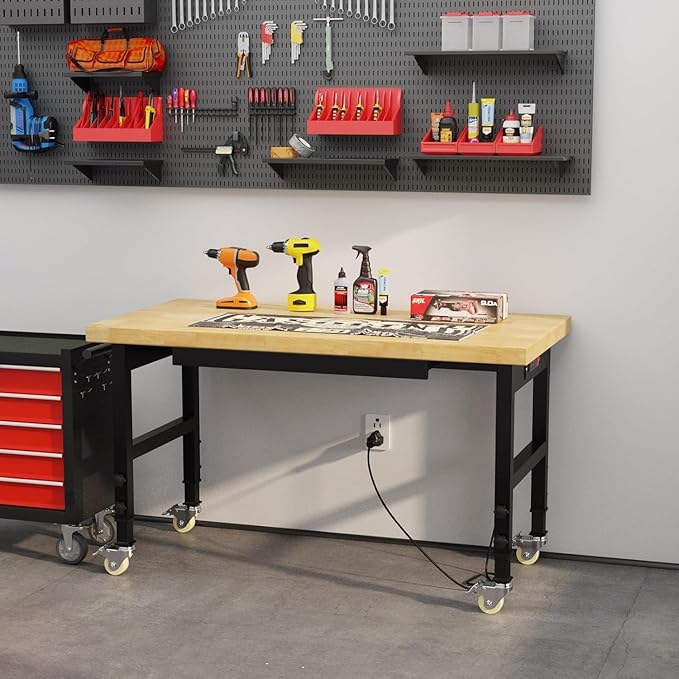 48" Work Bench with Drawers, Adjustable Height Workbench with Wheels, Heavy-Duty Work Table with Power Outlets, 2000 LBS Capacity Workstation for Garage, Workshop, Office, Home
