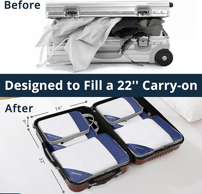 6 Set Compression Packing Cubes for Travel - Compressible, Lightweight, and Space-Saving Packing Cubes, Travel Essentials for Women, Navy