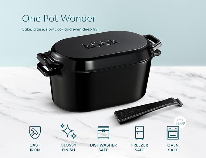 Kook Dutch Oven with Lid, Sourdough Bread Baking Supplies, Banneton Bread Proofing Set, Dual Handles, Enameled Cast Iron, Great for Baking Bread, 3.4 Qt, Artisan Sourdough Bread Making Kit, 9.8 Inch Rattan Baskets and Liners, Oval