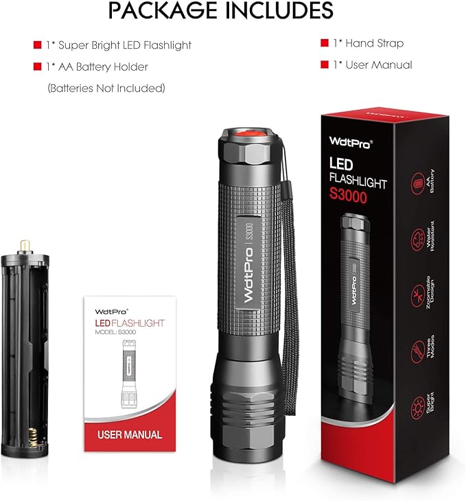 WdtPro High-Powered LED Flashlight S3000, Super Bright Flashlights - High Lumen, IP67 Water Resistant, 3 Modes and Zoomable for Camping, Emergency, Hiking, Gift