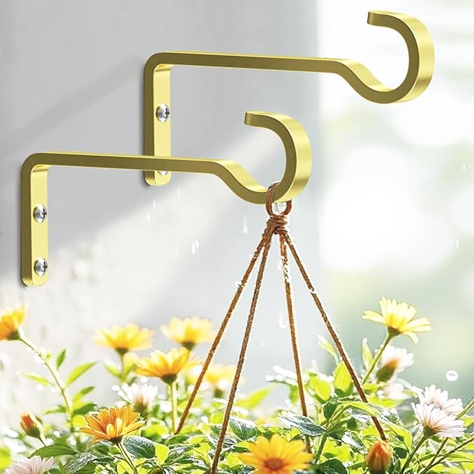 6 Inch 2 Pack Heavy Duty Outdoor Plant Hangers for Hanging Baskets, Iron Plant Brackets, Metal Plant Wall Hooks for Lantern, Bird Feeder, Wind Chimes, Gold