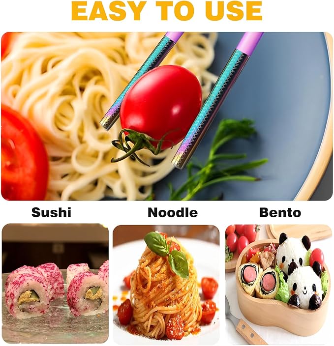 Metal Chopsticks Reusable 1 Pair Stainless Steel Travel Chopsticks Dishwasher Safe Square Lightweight Non-Slip Chop Sticks with case (Colorful Waterdrop Diamond)