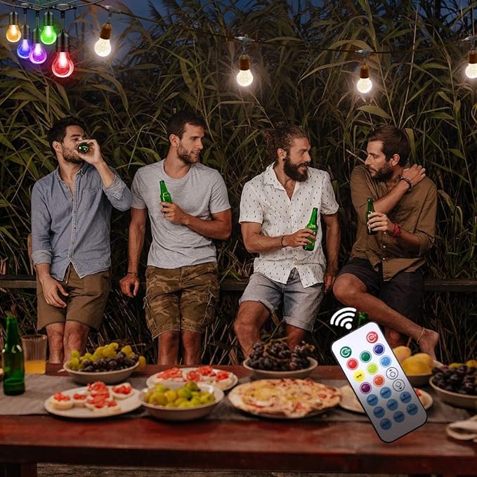 Auroraworld Outdoor Patio Lights Color Changing, 144FT RGB LED String Lights with E26 Shatterproof Edison Bulbs, Dimmable Patio String Lights for Bistro Backyard Garden, 1 Remote Controllers