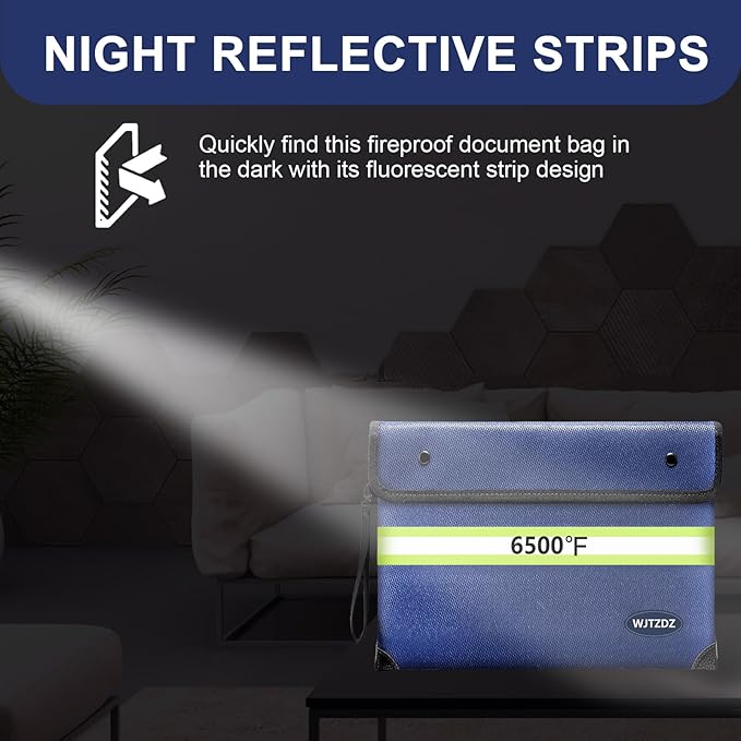 6500°F Fireproof Document Bag,Upgraded Fireproof/Waterproof Money Bag with Zipper/Reflective Strip,Storage Pouch for A4 Letter Size Document,Cash,Cell Phone,Passport