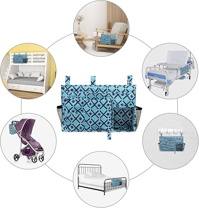 Surblue Bedside Caddy Hanging Bed Organizer Storage Bag Pocket for Bunk and Hospital Beds, College Dorm Rooms Baby Bed Rails, Camp 8 Pockets, (Large, Blue Plaid)