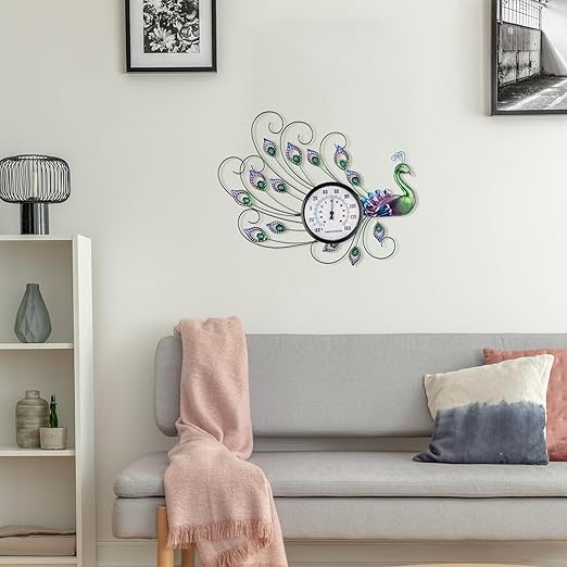 Peacock Outdoor Thermometer, Metal Outdoor Wall Thermometer No Need Battery, Indoor Outdoor Thermometer Large Wall Art Decor for Patio, Garden, Living Room