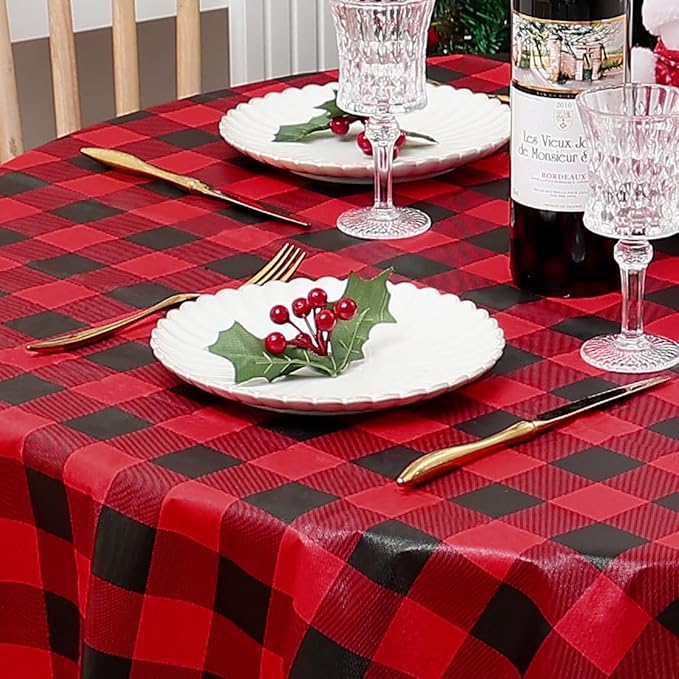 misaya Round Waterproof Vinyl Table Cloth, Buffalo Flannel Backed Tablecloth, Wipeable Plastic Table Cover for Dinner, Kitchen, Picnic (60", Red and Black)