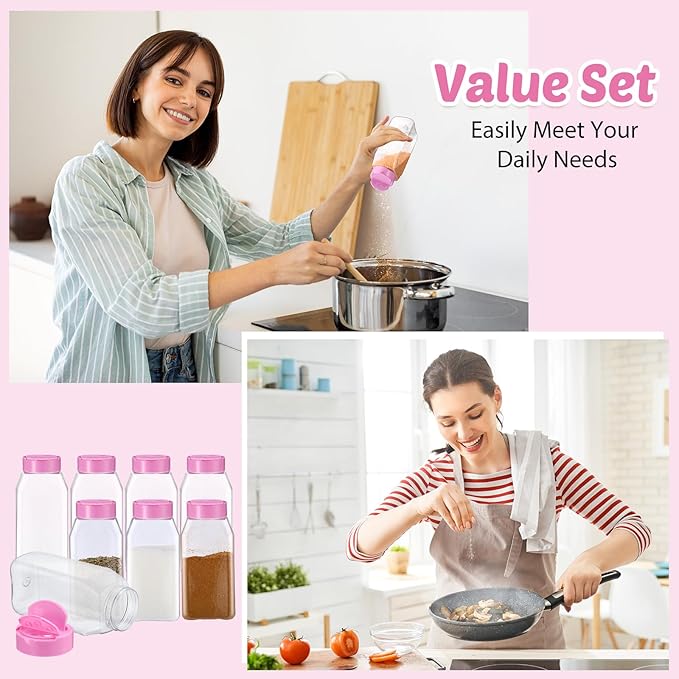 Mifoci 28 Pack 16 oz Plastic Spice Jars with Cap Square Plastic Bottle Containers with Shaker Lids and Stickers Large Seasoning Shaker Empty Powder Storage Container for Storing Salt Herbs (Pink)