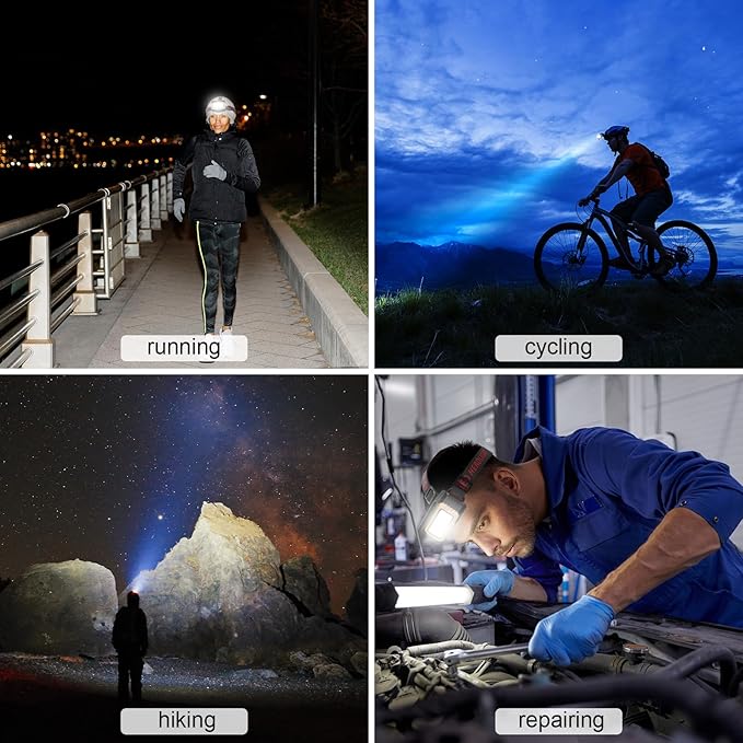 KERNOWO Solar Headlamp for Camping,Rechargeable LED Headlight for Adults with Motion Sensor, Six Adjustable Modes, Waterproof,Lightweight,Flashlight for Cycling,Hiking,Fishing,2-Pack,Black