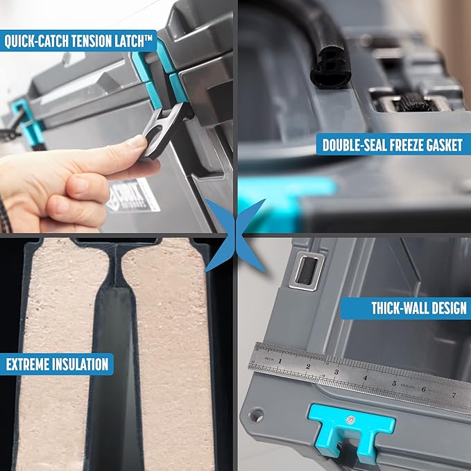 QuadraX 46QT Wheeled Rotomolded Portable Hard Cooler for Camping, Fishing, Beach | Heavy Duty Insulated Ice Chest with Wheels and Handle | Cold Retention 5 Days