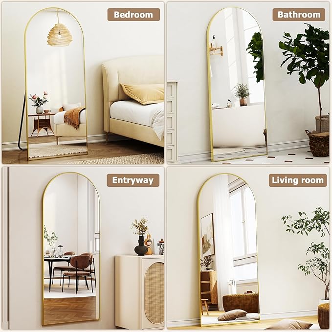 Gold Arched Full-Length Mirror, 24"x68" Arched Floor Mirror with Stand, Wall-Mounted for Bathroom, Dressing Room - Hanging or Leaning - Full Body Mirror for Bedroom