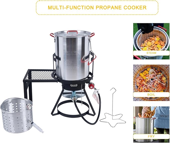 30Qt Turkey Fryer with Basket, Outdoor Propane Deep Fryers Burner Stand, 50,000BTU Cast Iron Burner, Steamer and Seafood Boiler Set, Black