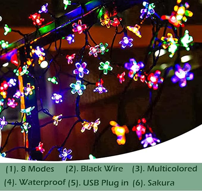 Decorative Colored Pastel Flower String Lights, 33ft 100 LED USB Plug in Cherry Blossom Spring Summer Decoration with Timer for Bedroom Patio Wedding Christmas Easter Hanging, Multicolored