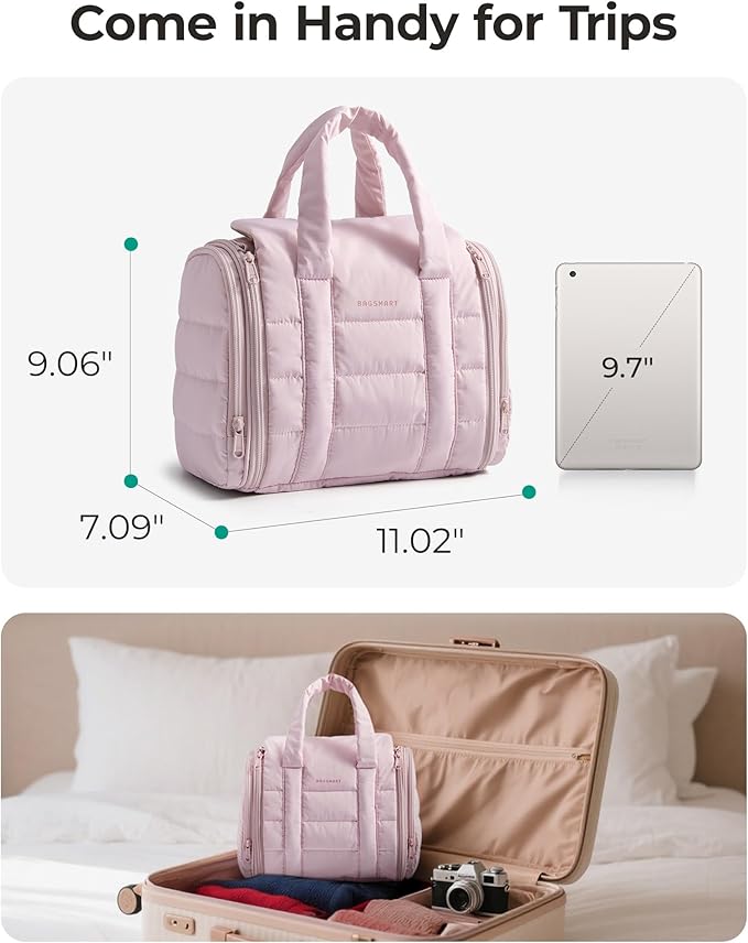 BAGSMART Makeup Bag Puffy Fabric Toiletry Bag, Removable Partition & Hanging Hook, Cosmetic Bag for Travel-Sized Shampoo, Conditioner, Brushes Set, Makeup Accessories, Medium Capacity, Navy Blue