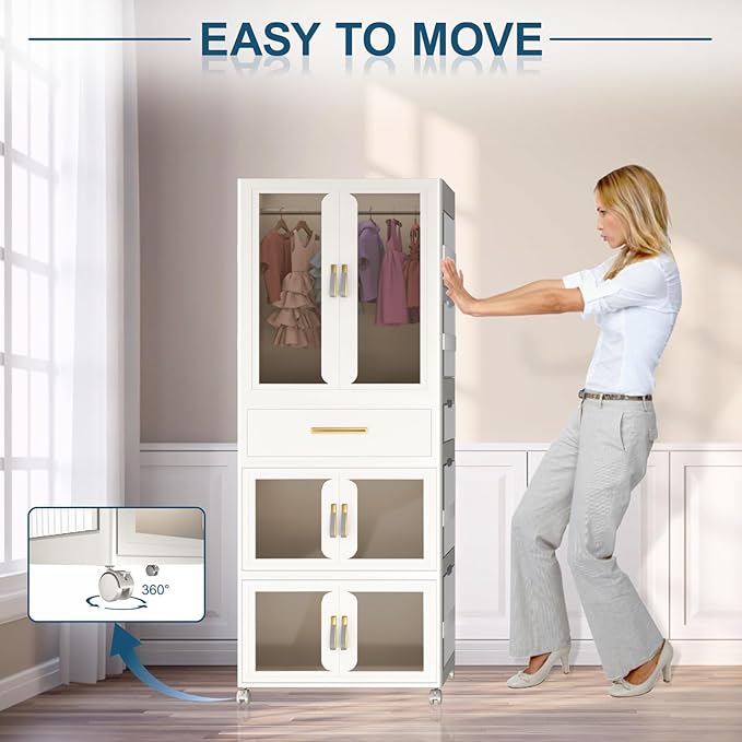 Portable Kids Wardrobe, Plastic Closet Organizer with Hanging Rod, Collapsible Wardrobe Closet Storage Cabinet for Bedroom, Easy to Install (White, Large)