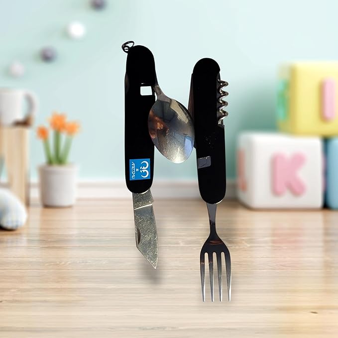 outdoor/camping 6-in-1 multi-function flatware silverware set, include knife, fork, spoon, corkscrew, bottle opener and fruit fork