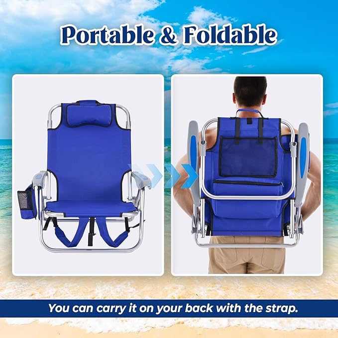 2 Pack Lightweight Portable Camping Beach Chair for Adults, Outdoor Lay Flat Folding Beach Chairs with 5 Positions, Backpack Beach Chair with Towel Bar, Zipper Pouch, Cup Holder, Blue