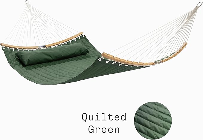 Fab Habitat Solid Quilted Recycled Polyester Hammock with Pillow, Curved Spreader Bar - Fargo - Green - Indoor/Outdoor, Quick Dry, 2 Person 460 lbs Capacity - Patio, Poolside - 11-14 ft Adjustable