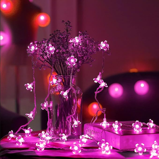 Fairy Flower String Lights Decor, USB & Battery Lighted Decorative Cute Cherry Blossom Indoor Bedroom Window Hanging, Novelty Floral Lamp for Christmas Easter Wedding Party Birthday Décoration (Pink)