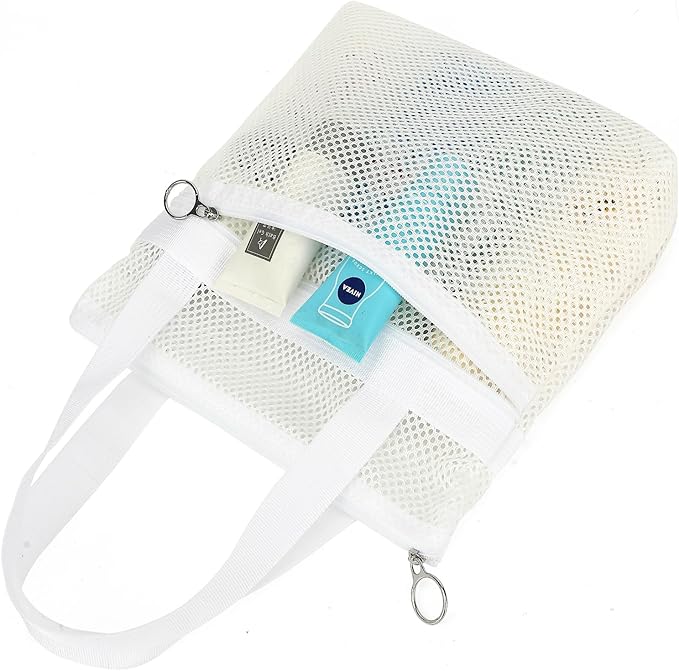 Mesh Shower Caddy Portable with Zipper & 2 Pockets - Quick Dry Shower Caddy Hanging for Travel Gym Camp Beach - Bathroom Organizer Bag Essentials for College Dorm
