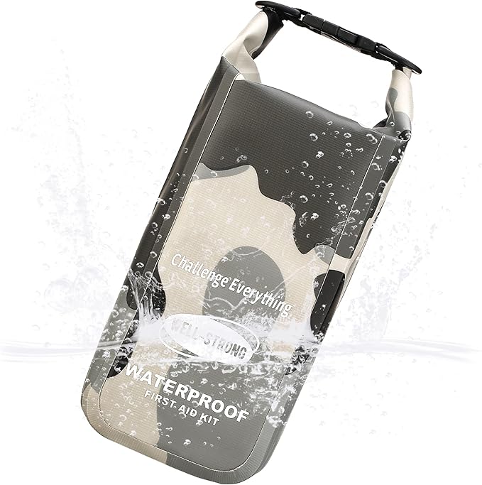 Waterproof First Aid Kit Roll Top Boat Emergency Kit with Waterproof Contents for Fishing Kayaking Boating Swimming Camping Rafting Beach Camouflage Grey