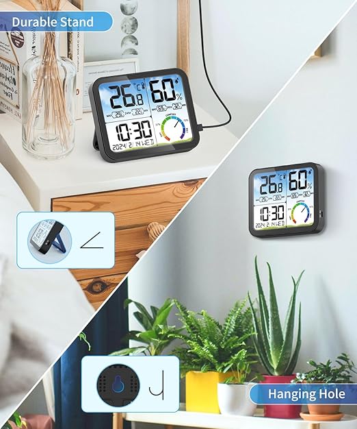VOCOO Digital Indoor Room Thermometer - 5.8'' Extra Large Display Temperature Humidity Sensor with Accurate Temp Humidity Gauge Monitor, Calibration, Max & Min Records, Comfort, Backlit, Date & Clock