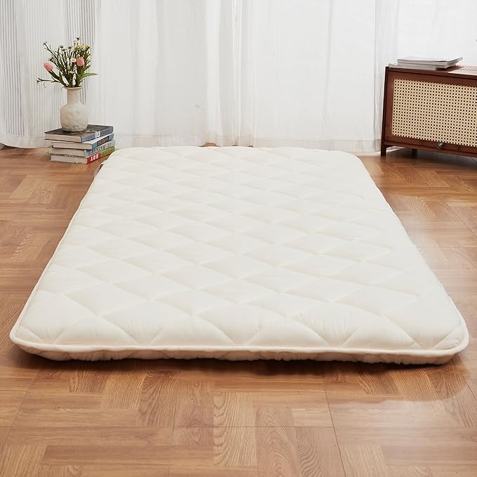 Japanese Floor Futon Mattress, Tatami Mat Sleeping Pad, Shikibuton, Mattresses Topper, Boys Girls Roll Up Dormitory Mattress, Foldable & Portable Floor Lounger Bed, Guest Bed (Cream, Queen)