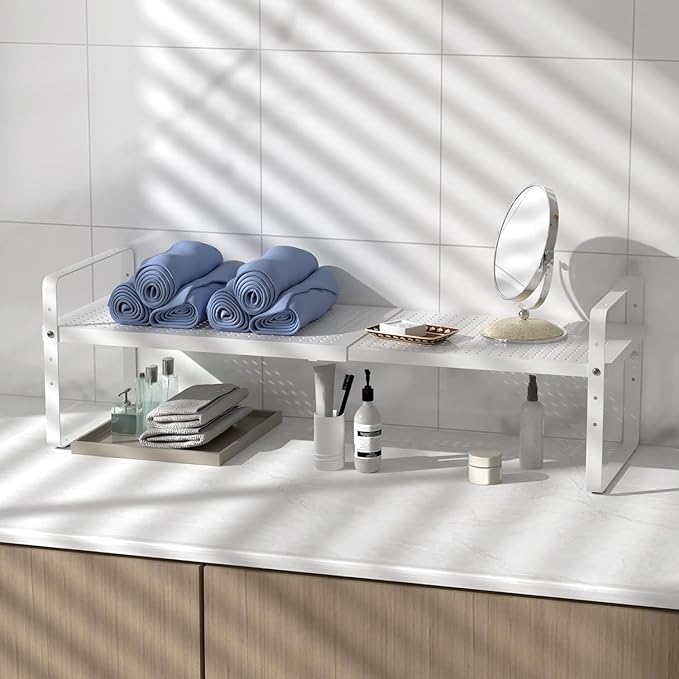 Expandable Kitchen Cabinet Shelf Organizer Rack Heavy Duty Metal Spice Rack Stackable Kitchen Counter Storage Shelf for Kitchen Cabinet Pantry Bathroom (White - 16.5"-27" L x 8" W x 9.6" H - 3Pack)