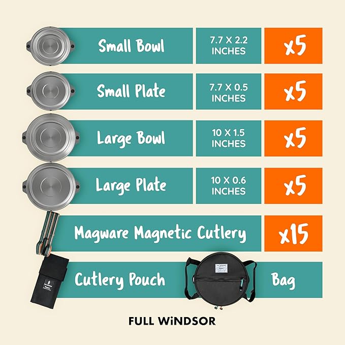 FULL WiNDSOR - MAGWARE - Magnetic Bowls and Plates Set - Stainless Steel Travel Dinnerware for Camping, Overlanding, Backpacking, Picnic, RV, Outdoor Dining Portable Tableware Mess Kit