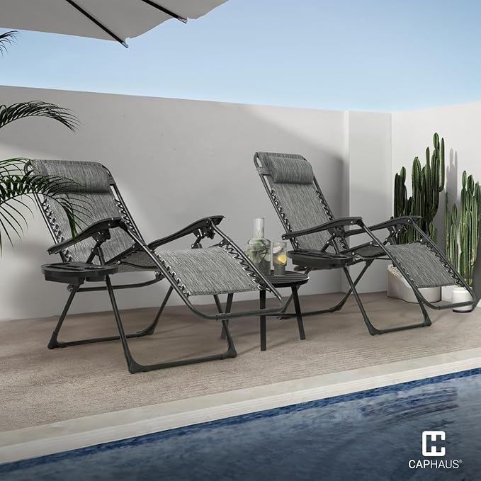 CAPHAUS Set of 2 Grey Zero Gravity Chair, Zero Gravity Recliner, Zero Gravity Lounge Chair, Anti-Gravity Chair for Indoor & Outdoor, Folding Reclining Chair w/Side Tray, Adjustable Pillow, Grey