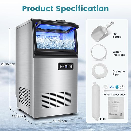Commercial Ice Maker Machine 150LBS/24H, Dual Water Inlet Options, Stainless Steel Air Cooled Freestanding/Under Counter Ice Maker Smart LCD, Self-Cleaning, Quiet for Home, Bar, Restaurant