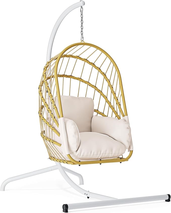 YITAHOME Hanging Egg Chair with Stand, Rattan Wicker Swing Egg Chair with Cushion, 370lbs Capacity, Foldable Hanging Basket Chair for Porch, Garden, Bedroom, Balcony - Beige