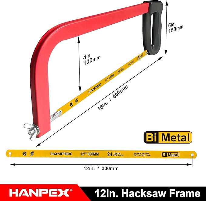 12in. High-Tension Hacksaw Frame with 24 TPI Bi-metal Blade, Hand Saw Suitable for Metal, wood, PVC, Carpentry(Black Handle)