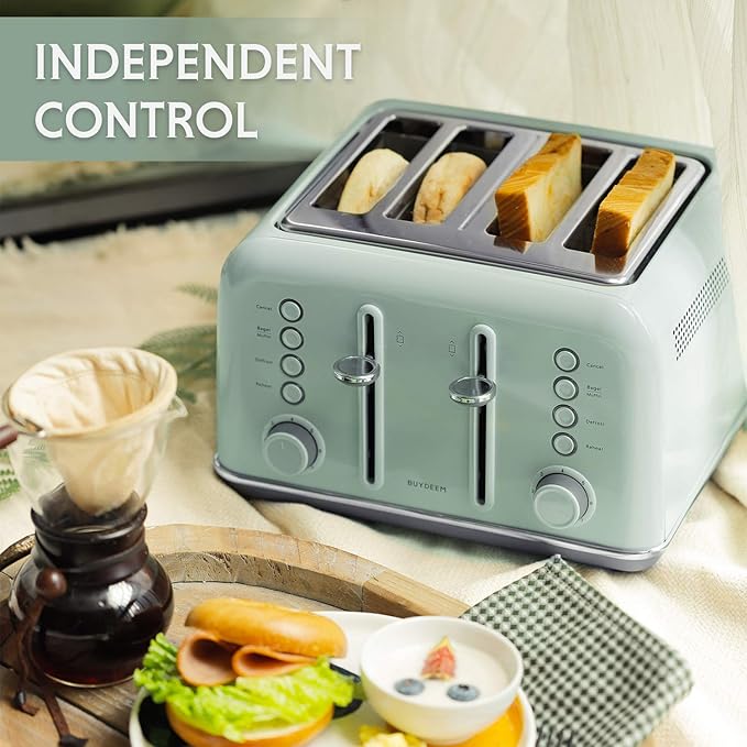 BUYDEEM DT640 4-Slice Toaster, Extra Wide Slots, Retro Stainless Steel with High Lift Lever, Bagel and Muffin Function, Removal Crumb Tray, 7-Shade Settings,Cozy Greenish