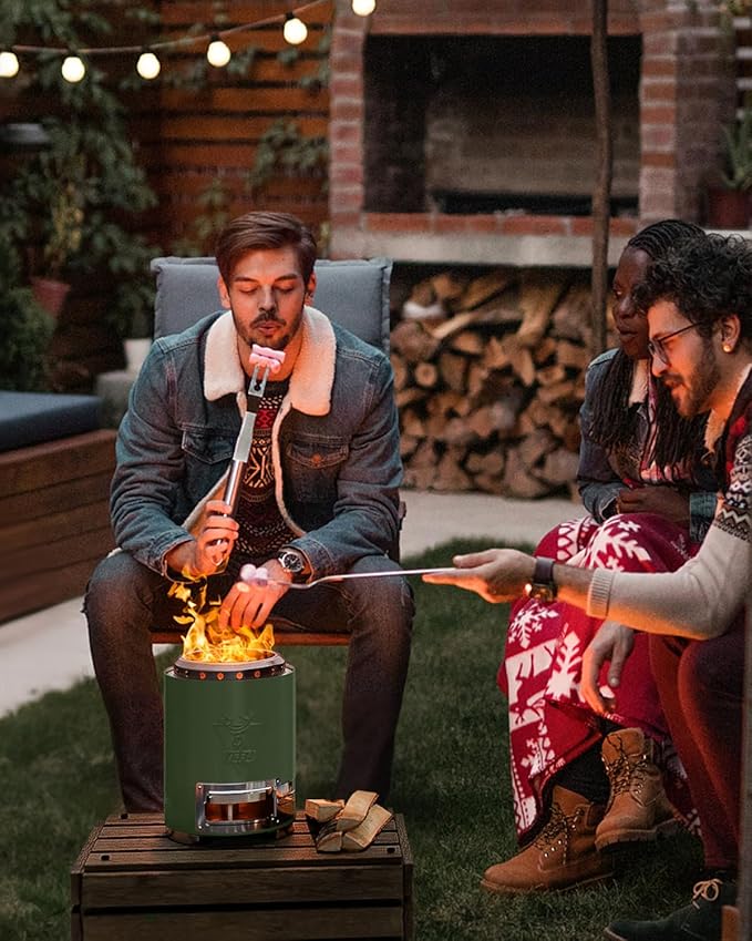 YEFU Tabletop Fire Pit 9.7 x 7.1 in, Flame Intensity Control Camping Stove for Outdoor & Patio, Fueled by Pellets or Wood, Safe Burning Table Top Firepit, with Travel Bag & 2 Mini Sticks, Green