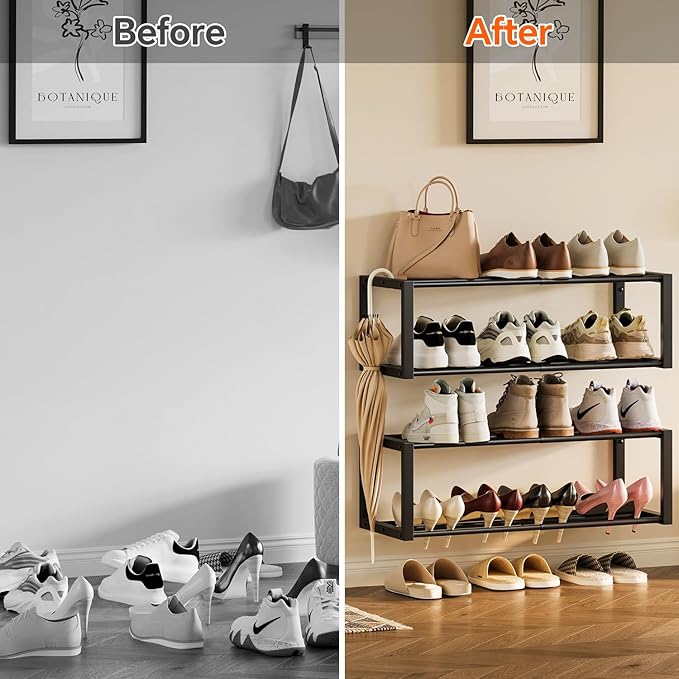 Homeiju Hanging Shoe Organizer,2 Pack Wall Mounted Shoe Rack Holds 12 Pairs,Space Saving Metal Wall Shoe Rack,Hanging Shoe Rack Shoe Holder for Small Space,Entryway,Closet,RV,Camper(Black