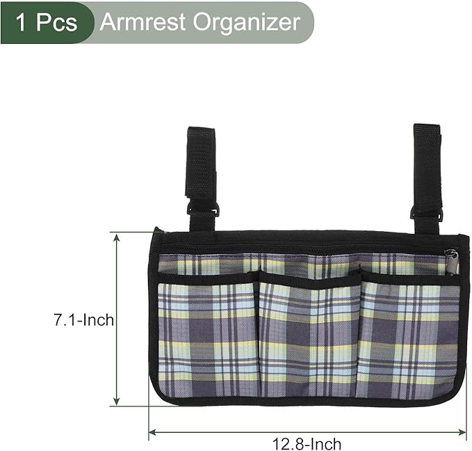 YOKIVE Armrest Organizer, Waterproof Chair Snack Storage Bag with Straps, Great for Camping Beach Daily Use, (Blue Grid, 4 Pockets)