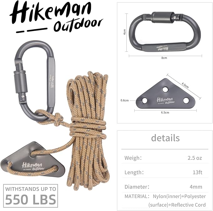 Hikeman 4 Pack Camping Rope with Locking Carabiner Clip,4mm Reflective Guy Lines with Triangular Guyline Adjuster Tensioner,Nylon Cord for Tent Tarp Tie Down,Hiking,Backpacking