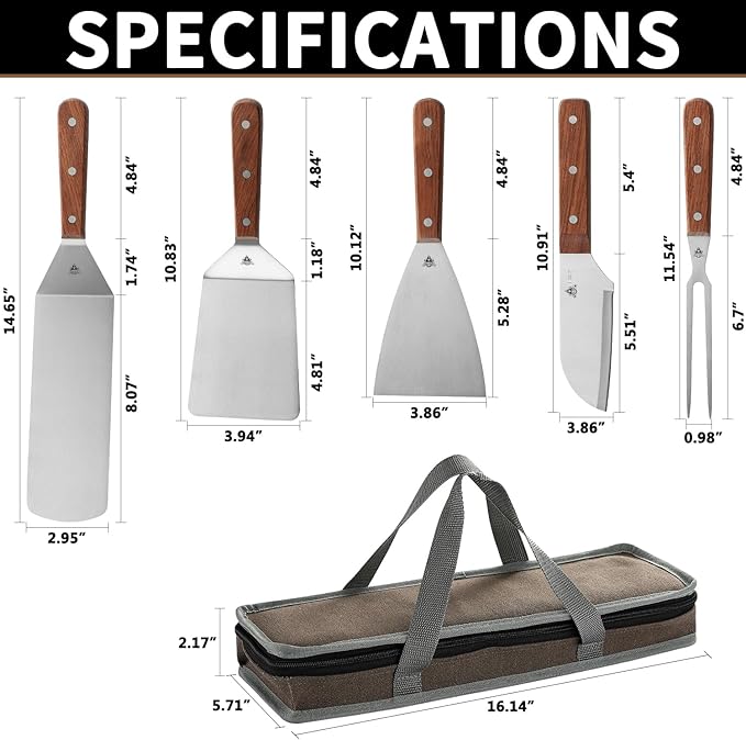 GRILLGEN 6-Piece Professional Griddle Accessories Kit for Griddle Cooking, Premium Rosewood Handles Spatulas Set with Scraper, Santoku Knife, Carving Fork, Storage Bag, Flat Top Grill Accessories