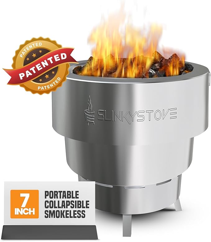 Smokeless Fire Pit for Outdoor Wood-Burning – Portable, Compact & Foldable Design for Camping, Bonfires, Tiny Cabin, Ventless Burn, Solo Pits, and Backyard Use – Stainless Steel, 7-Inch Slinky Stove