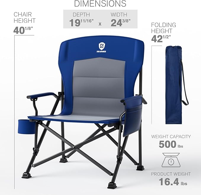 EVER ADVANCED Oversized Folding Camping Chair for Adults, Heavy Duty Lawn Chair with Side Pockets, Portable Collapsible Quad Chair for Outside, Support Up to 500lbs