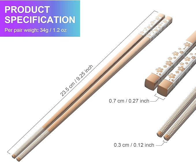 Metal Chopsticks Reusable 5 Pairs Multicolor Stainless Steel Chopsticks Dishwasher Safe Square Lightweight Non-Slip Chop Sticks Present Set