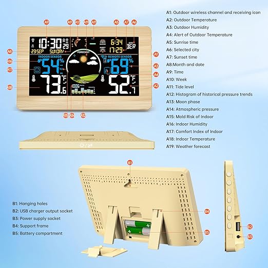 Weather Station Wireless Indoor Outdoor, Digital Thermometer, 7.5'' VA Display Home Weather Stations, Accurate Temperature Humidity Gauge with Weather Forecast, Atomic Clock,Khaki