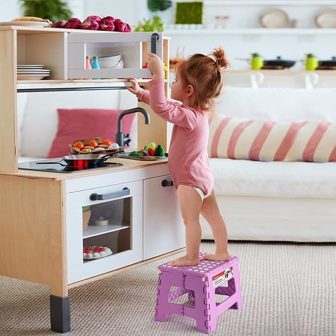 ACSTEP 9 Inch Folding Step Stool 300 LB Capacity Plastic Foldable Step Stools for Kids and Adults, Folding Stool Suitable for Kitchen, Stepping Stool with Handle Light Purple Small Step Stool 1PC