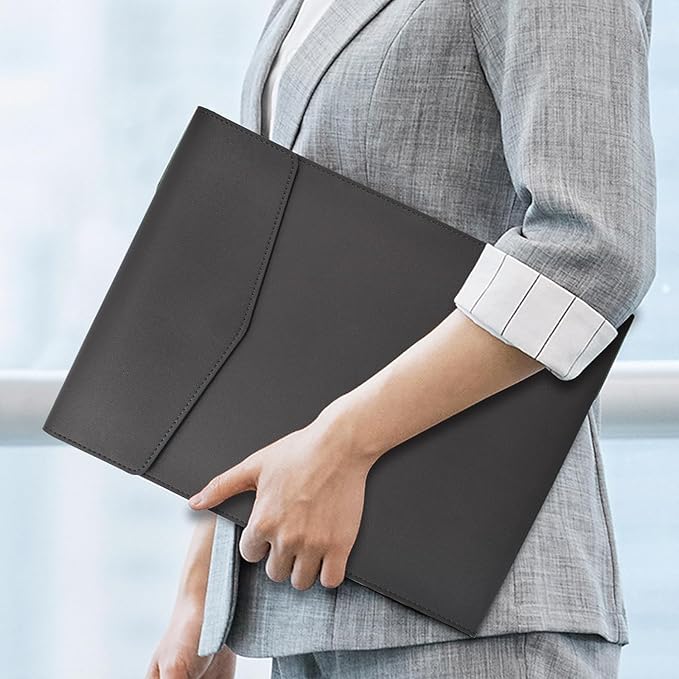 VANRA 1 Piece PU Leather File Folder Vertical A4 Document Holder File Envelope Waterproof Leather Portfolio Case Filing File Organizer for Letter Size with Magnetic Button Closure (Grey)