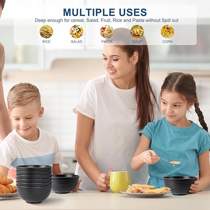 HOTEC BPA Free Unbreakable Wheat Straw Cereal Bowls - Microwave & Dishwasher Safe Soup and Salad Bowls, Set of 8, 26oz, Black