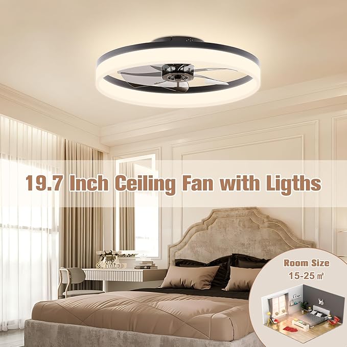 VOLISUN Low Profile Ceiling Fans with Lights and Remote, Fandelier Ceiling Fan Flush Mount, 3000K-6500K Smart Bladeless LED Fan Light, Black Modern Ceiling Fans with Lights for Bedroom