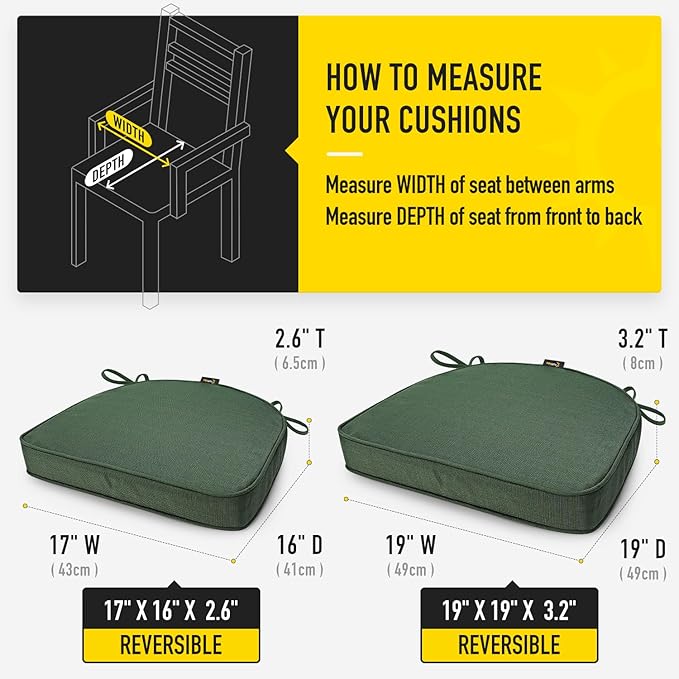 SUNROX Gel Memory Foam Chair Cushions, FadeShield Water-, Stain-Resistant Durable Reversible Seat Cushion Pads with Ties for Indoor/Outdoor Kitchen Dining Office, 19"x19", Set of 2, Heather Fern